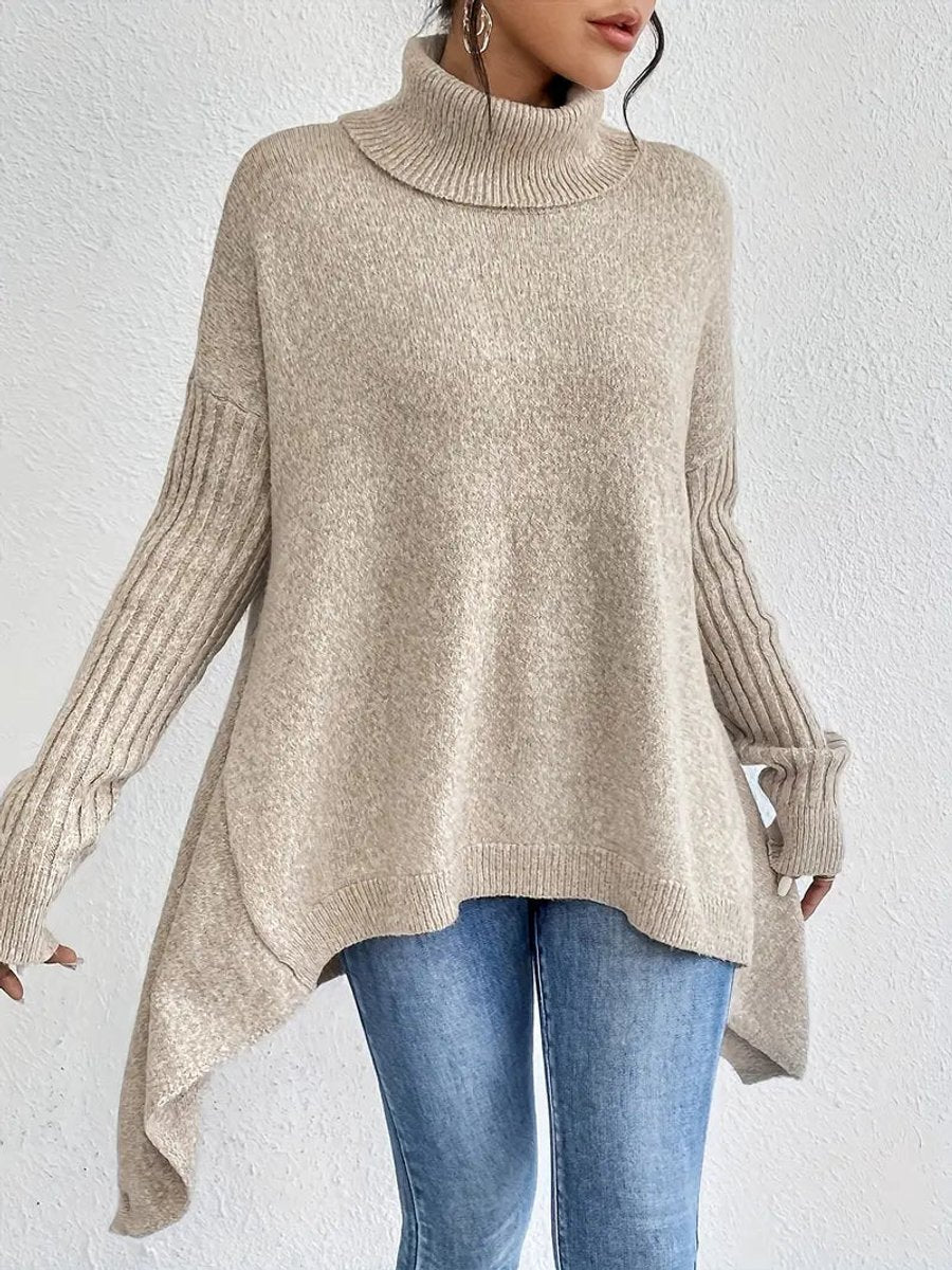 Damen Oversized Turtleneck Sweater mit geripptem Rollkragen und verlängertem Saum