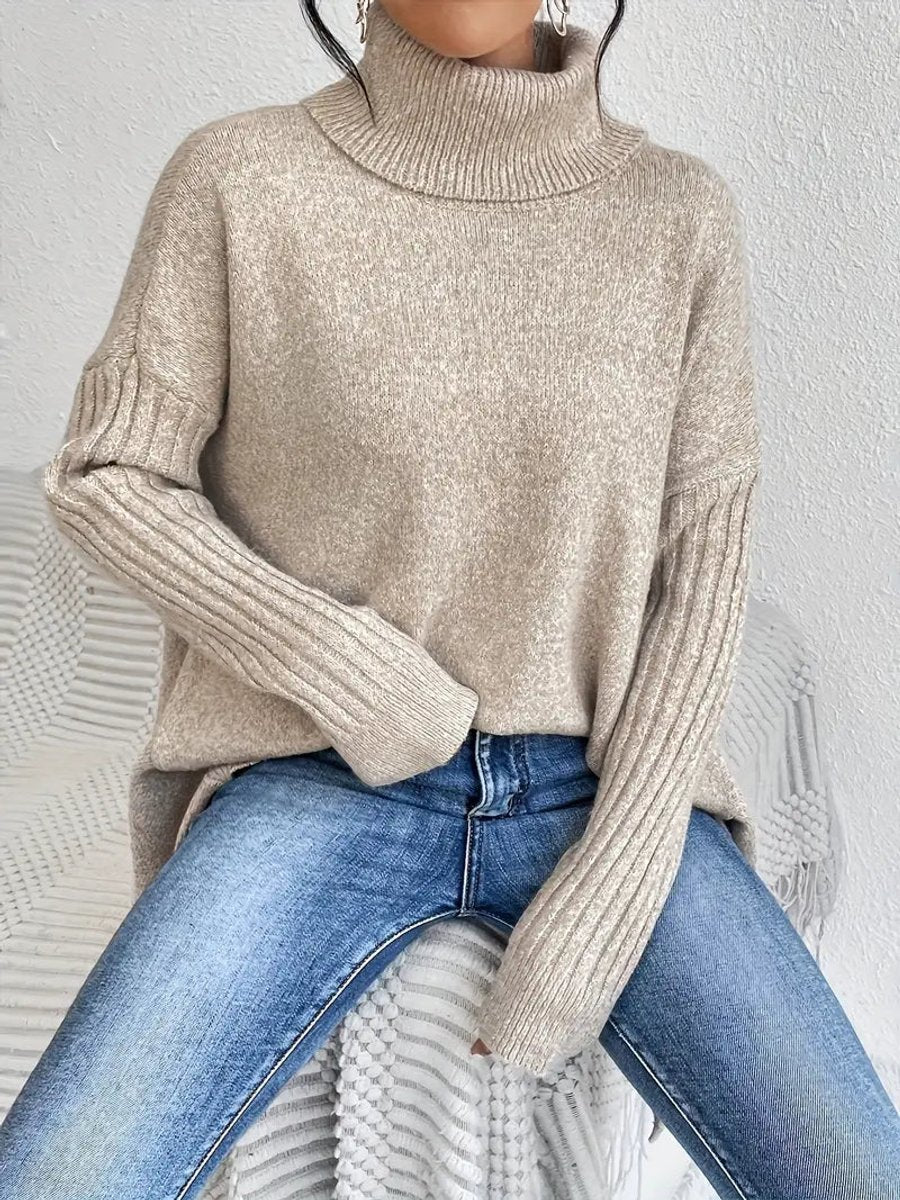 Damen Oversized Turtleneck Sweater mit geripptem Rollkragen und verlängertem Saum