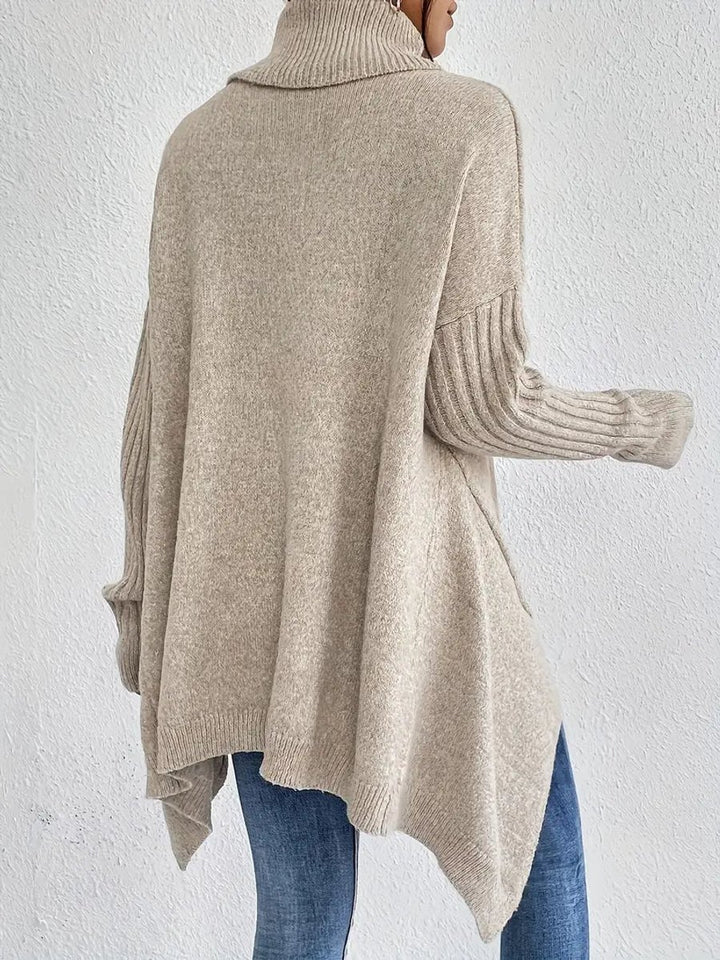Damen Oversized Turtleneck Sweater mit geripptem Rollkragen und verlängertem Saum
