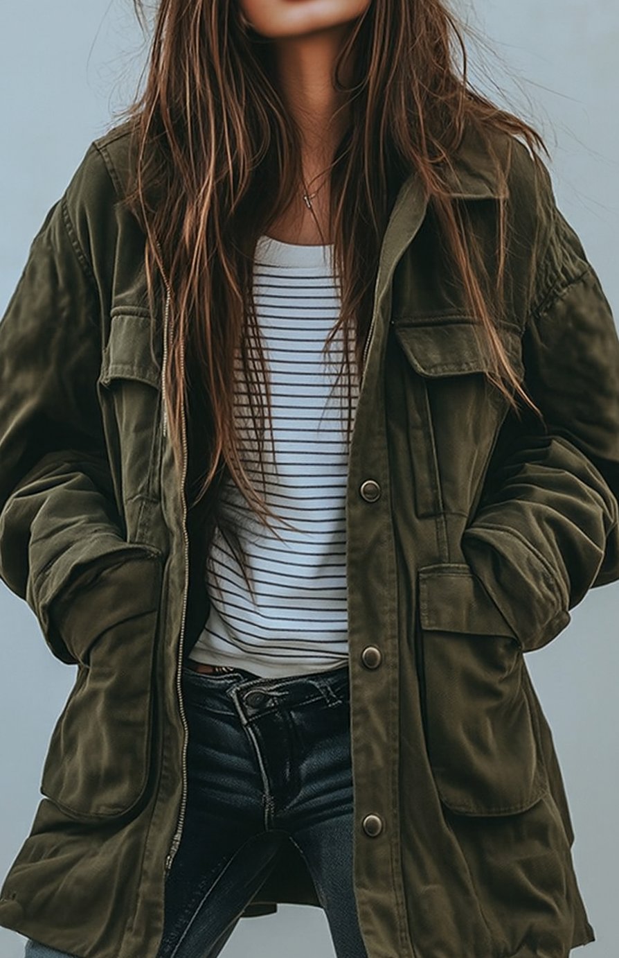 Damen Oversized Utility-Jacke mit Knopfleiste Übergangsjacke - Grün