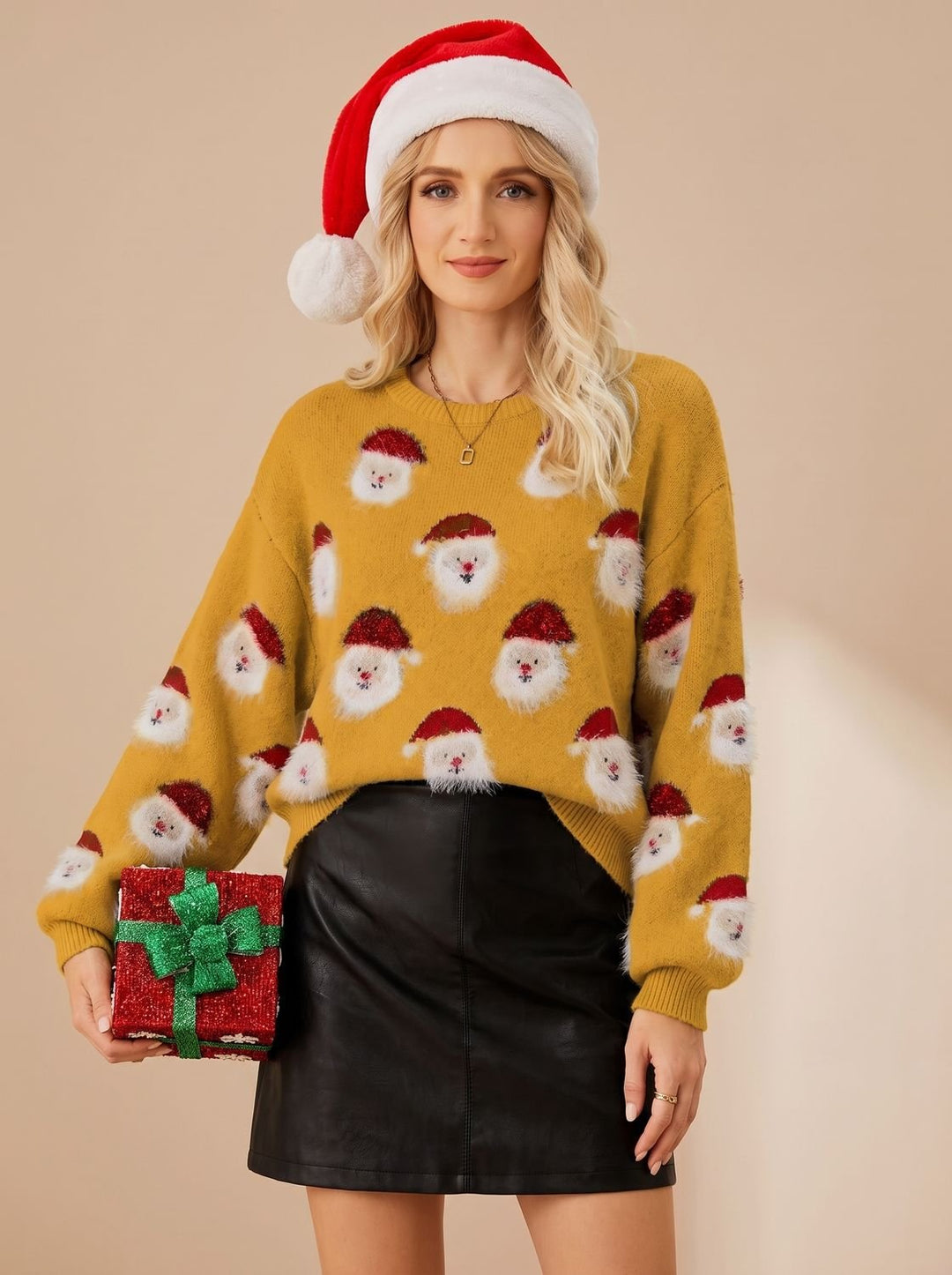 Damen Oversized Weihnachtspullover mit Weihnachtsmann-Muster Langarm - Gelber Weihnachtsmann
