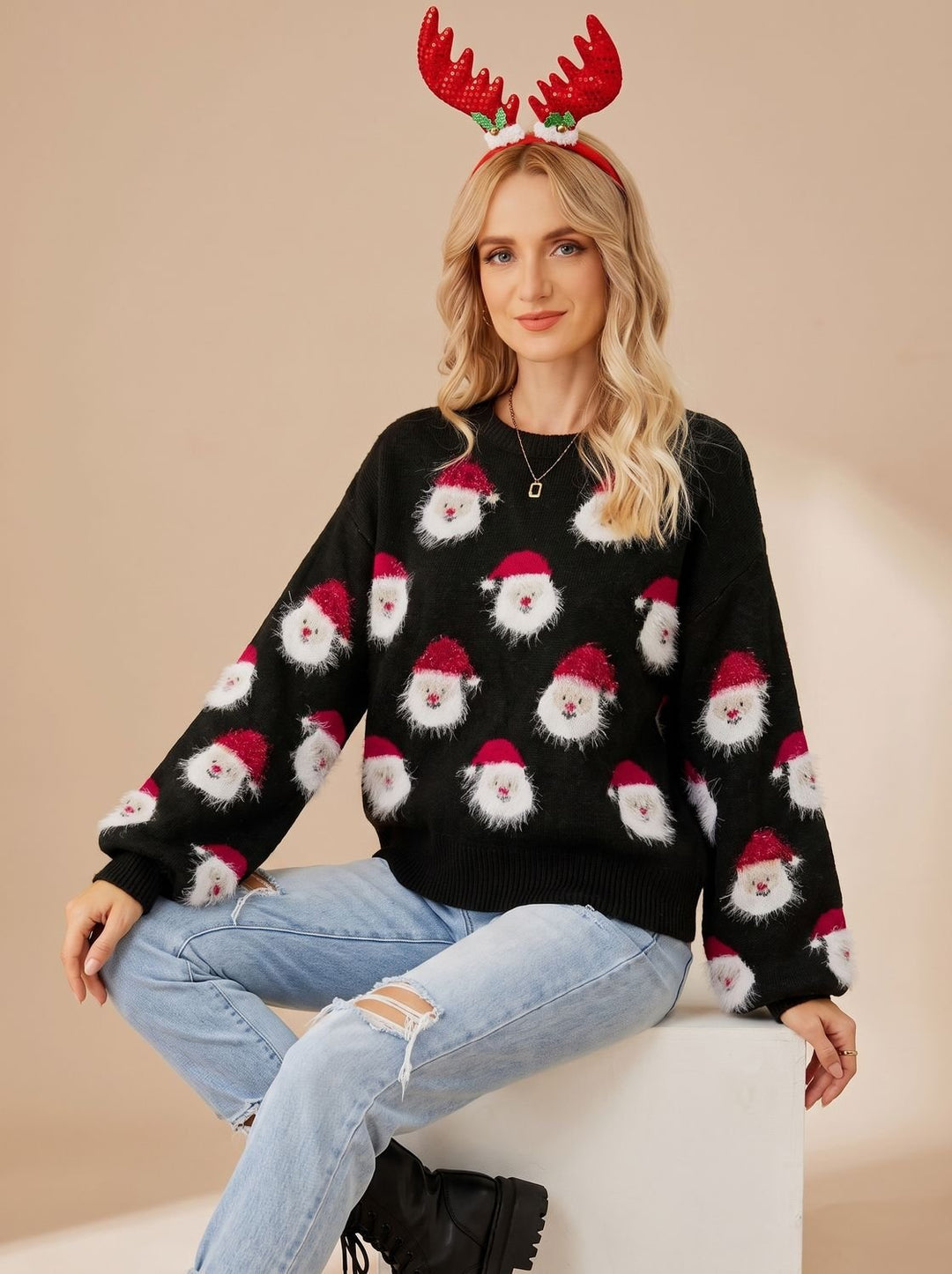 Damen Oversized Weihnachtspullover mit Weihnachtsmann-Muster Langarm - Schwarzer Weihnachtsmann