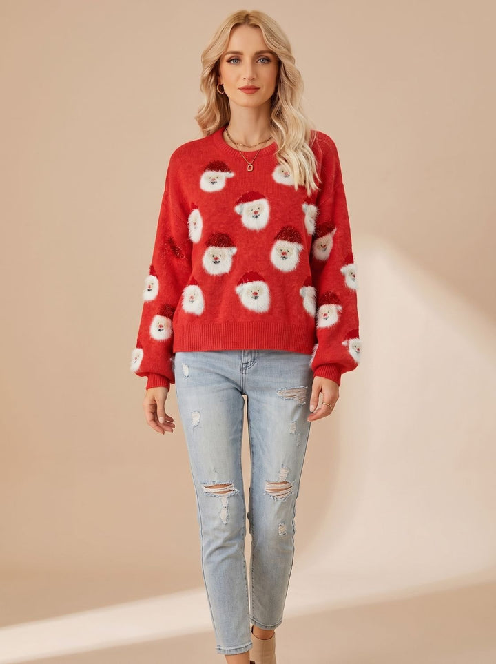 Damen Oversized Weihnachtspullover mit Weihnachtsmann-Muster Langarm - Roter Weihnachtsmann