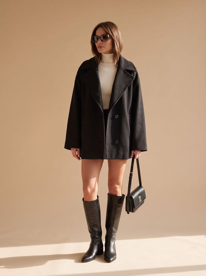 Damen Oversized Wollmantel mit Knopfleiste und Kontrastfutter