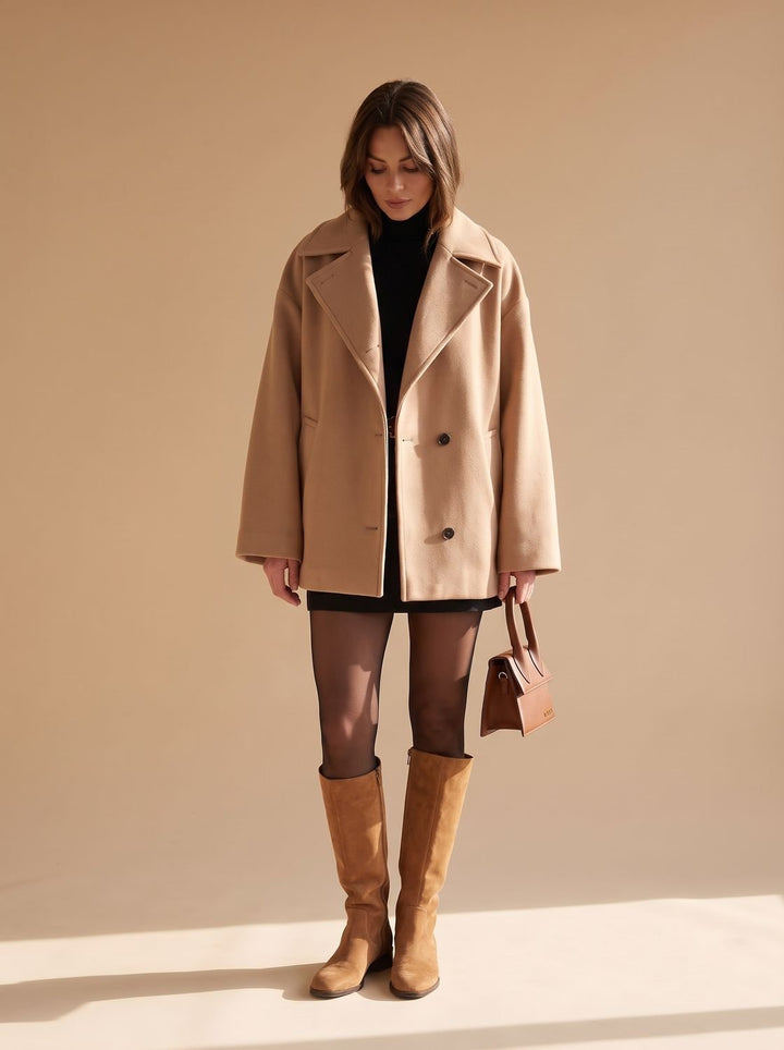 Damen Oversized Wollmantel mit Knopfleiste und Kontrastfutter