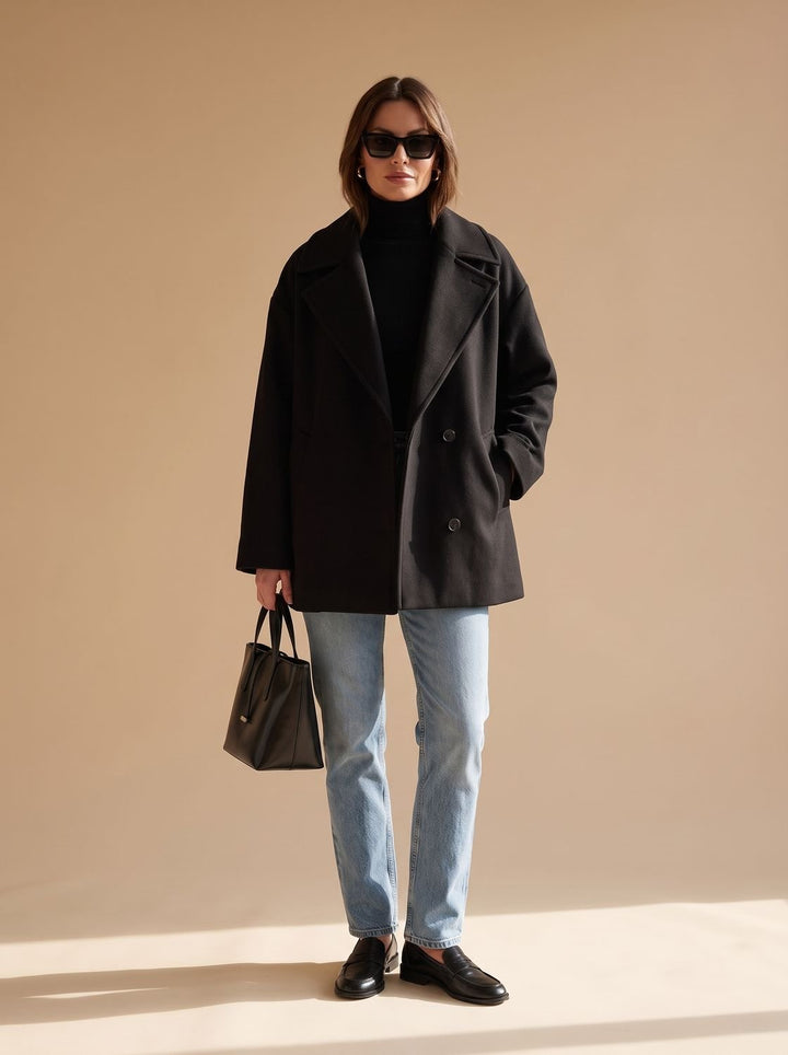Damen Oversized Wollmantel mit Knopfleiste und Kontrastfutter