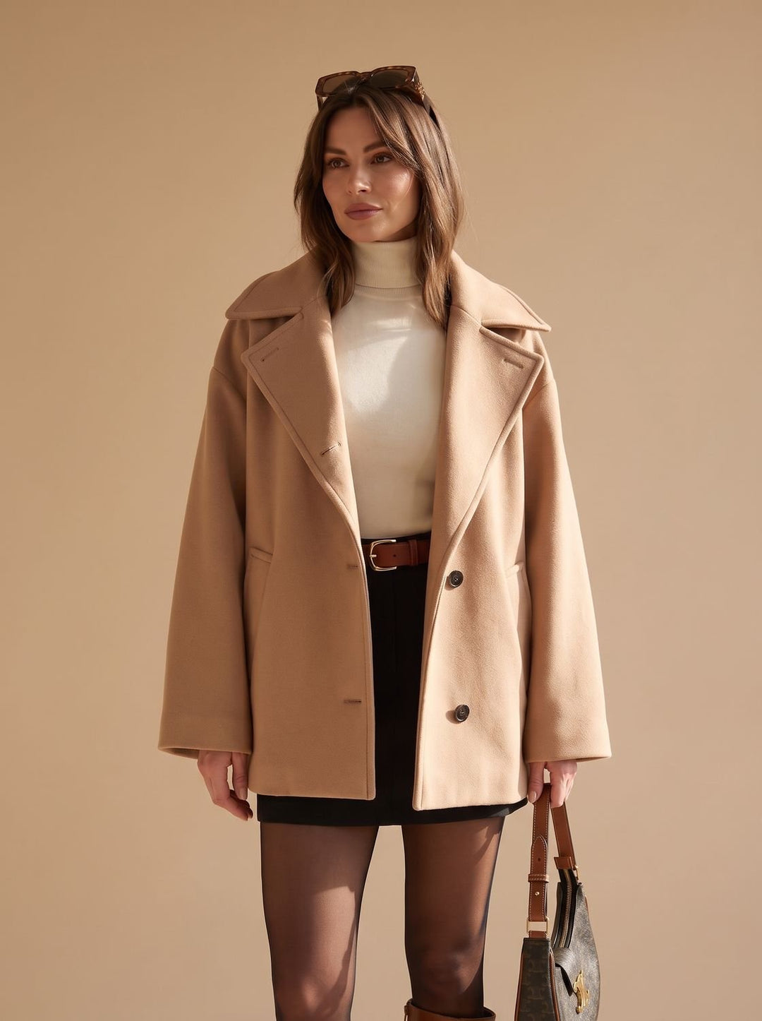 Damen Oversized Wollmantel mit Knopfleiste und Kontrastfutter