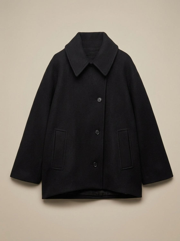 Damen Oversized Wollmantel mit Knopfleiste und Kontrastfutter - Schwarz