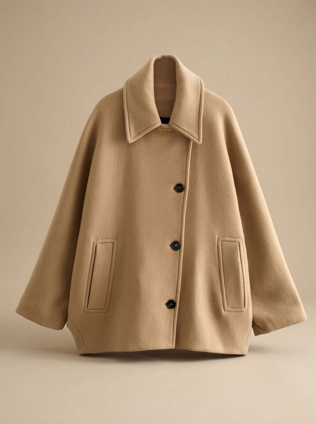 Damen Oversized Wollmantel mit Knopfleiste und Kontrastfutter - Khaki