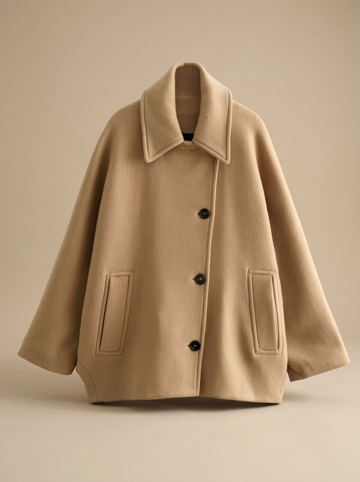 Damen Oversized Wollmantel mit Knopfleiste und Kontrastfutter - Khaki