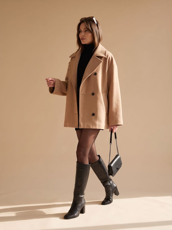 Damen Oversized Wollmantel mit Knopfleiste und Kontrastfutter