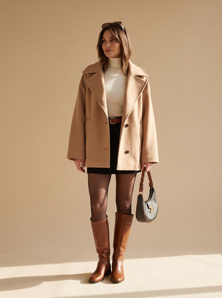 Damen Oversized Wollmantel mit Knopfleiste und Kontrastfutter