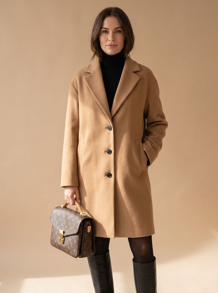 Damen Oversized Wollmantel mit Knopfleiste und Kontrastfutter