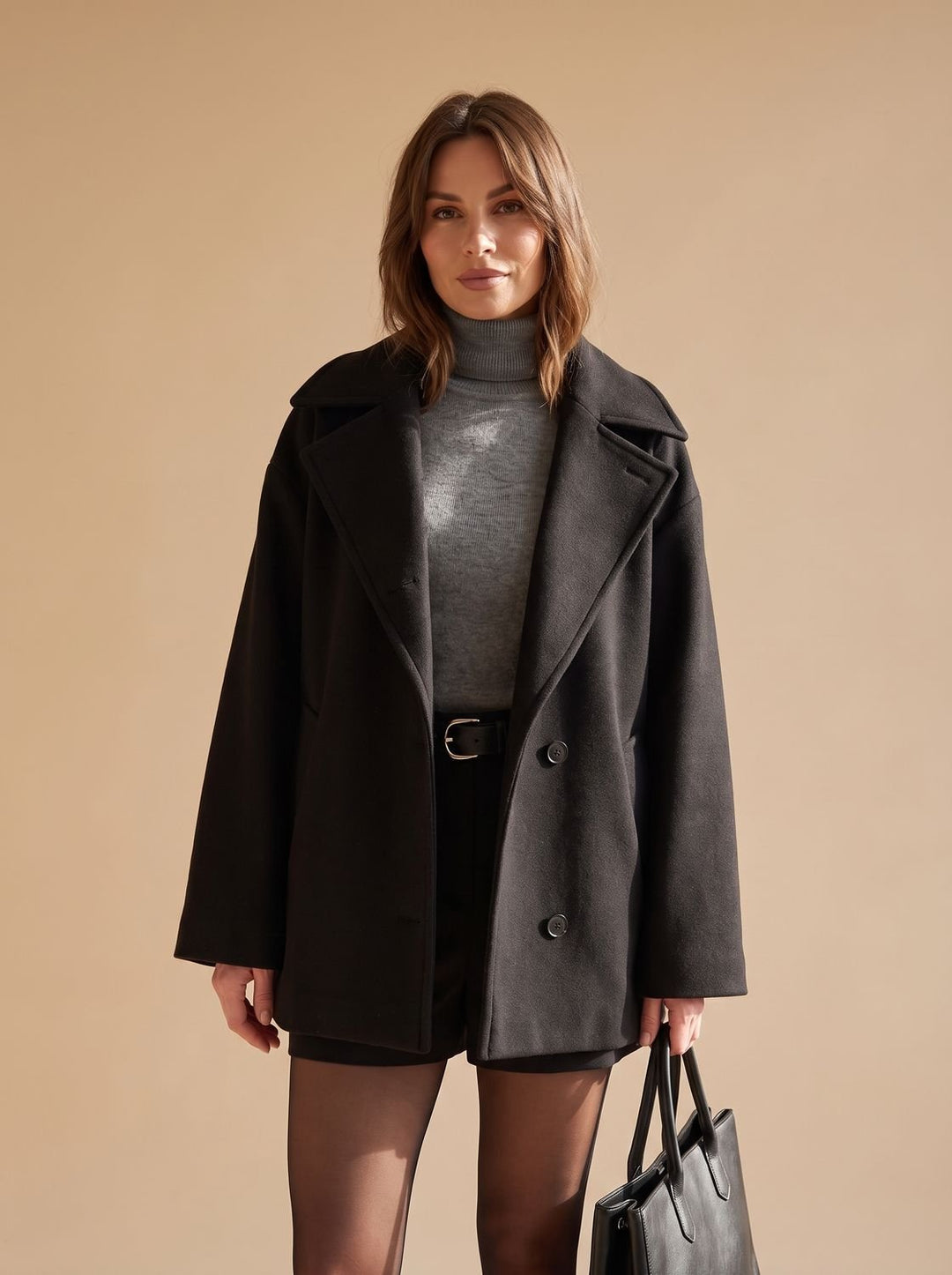 Damen Oversized Wollmantel mit Knopfleiste und Kontrastfutter