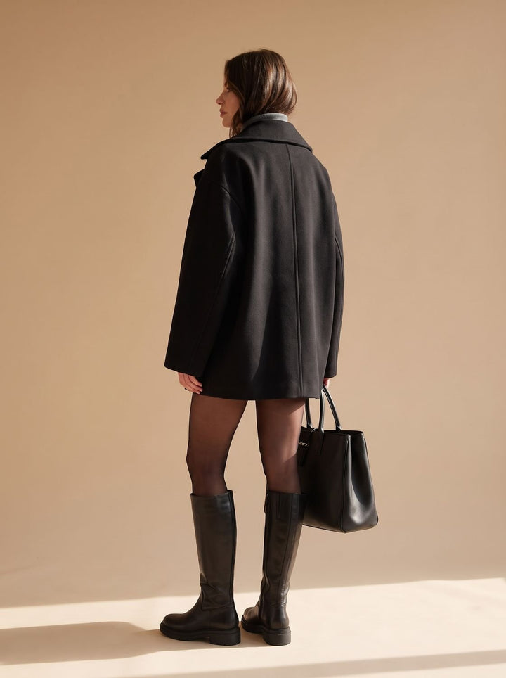 Damen Oversized Wollmantel mit Knopfleiste und Kontrastfutter