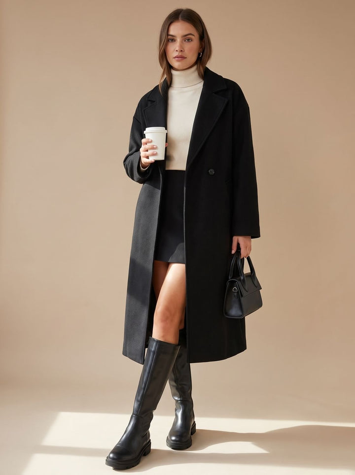 Damen Oversized Wollmantel mit Knopfleiste und Kontrastfutter