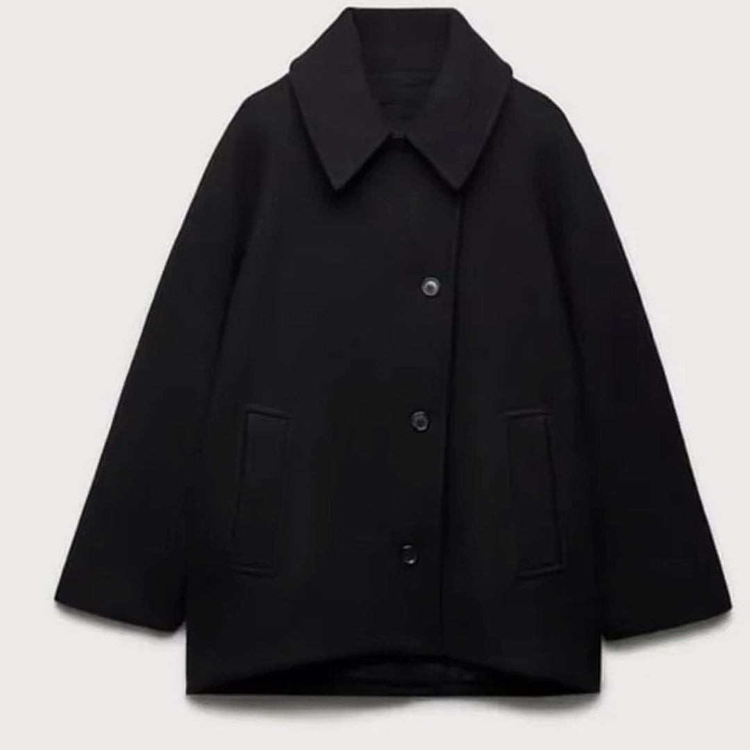 Damen Oversized Wollmantel mit Knopfverschluss in Herbstfarben - Schwarz