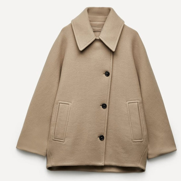 Damen Oversized Wollmantel mit Knopfverschluss in Herbstfarben - Braun-Beige