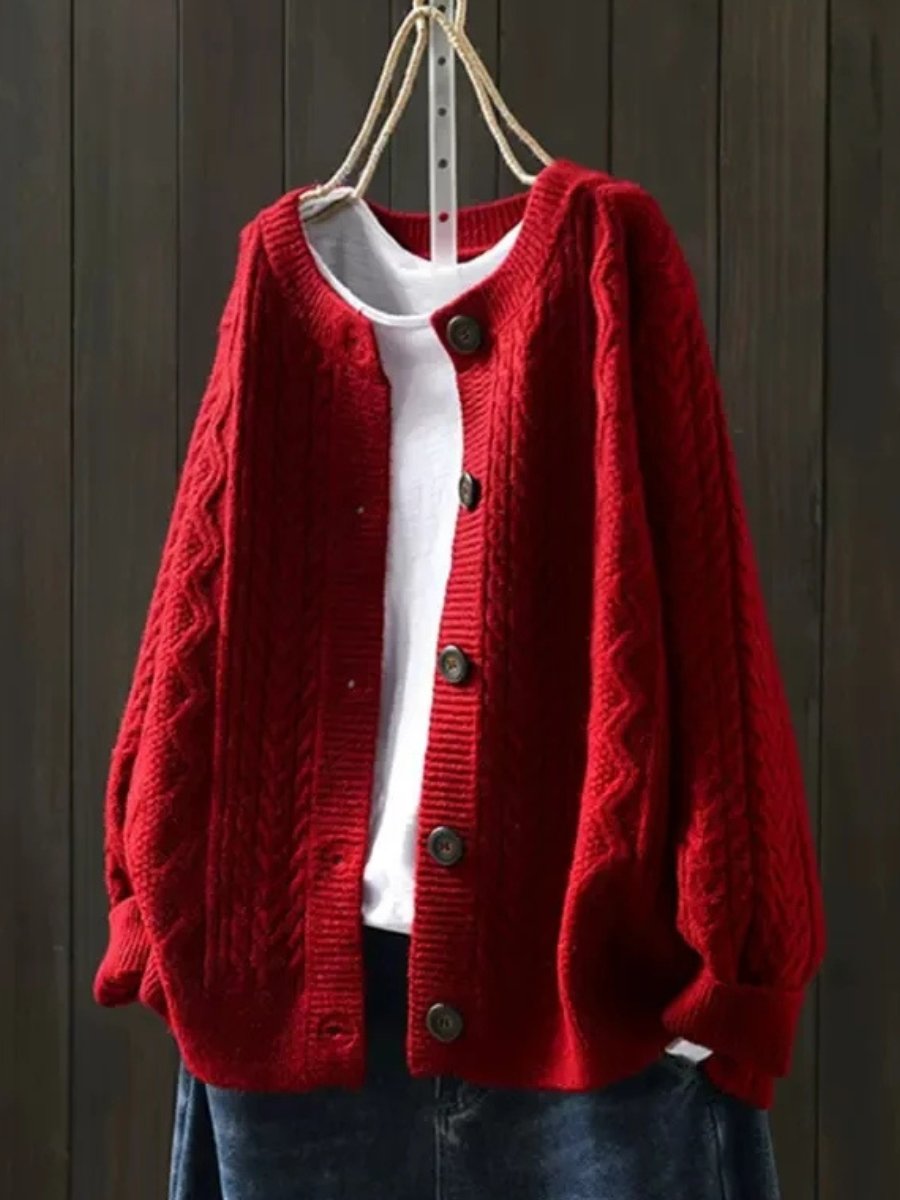 Damen Oversized Zopfmuster-Cardigan mit Knopfleiste - Red