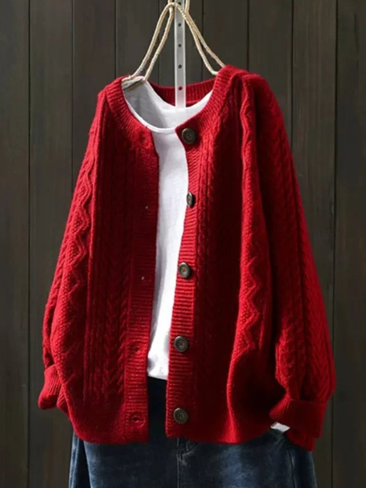 Damen Oversized Zopfmuster-Cardigan mit Knopfleiste - Red