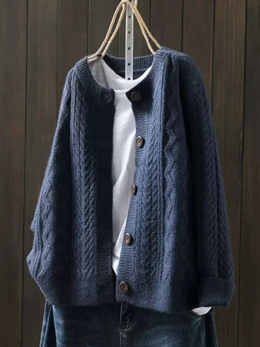 Damen Oversized Zopfmuster-Cardigan mit Knopfleiste - Navy Blue