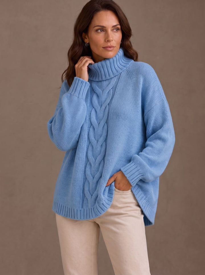 Damen Oversized Zopfmuster-Rollkragenpullover mit Seitenschlitzen - Blau