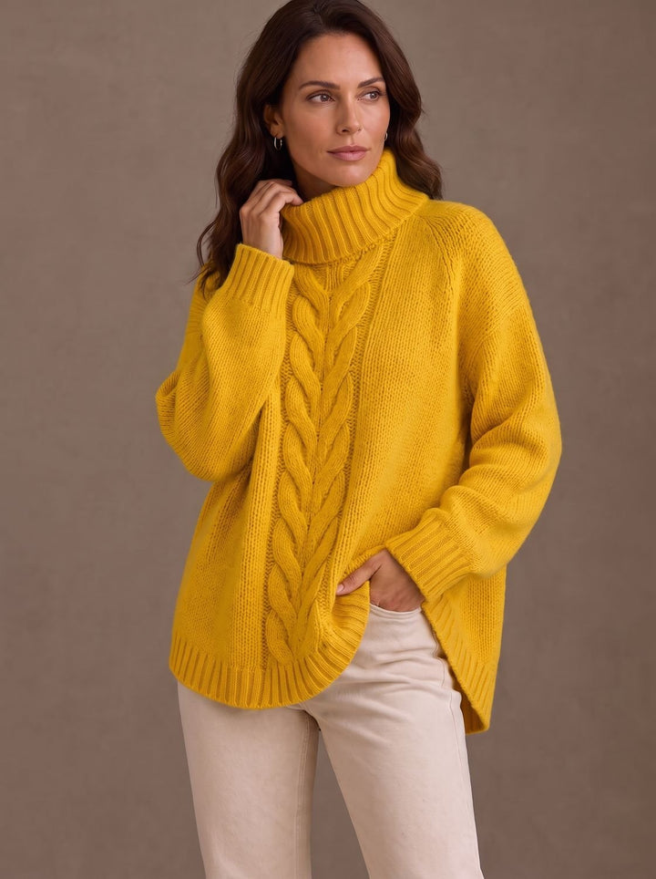 Damen Oversized Zopfmuster-Rollkragenpullover mit Seitenschlitzen - Gelb