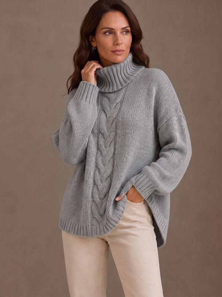 Damen Oversized Zopfmuster-Rollkragenpullover mit Seitenschlitzen - Grau