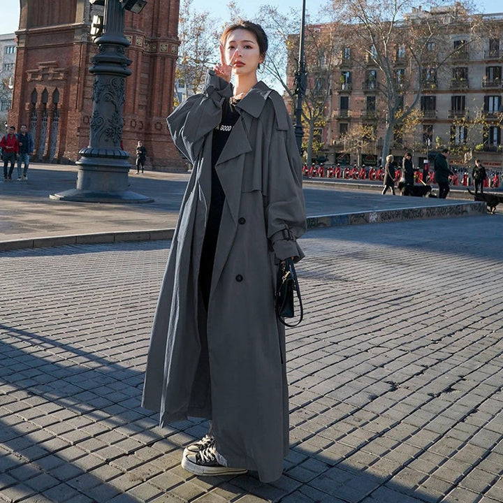 Damen Oversized Zweireiher Maxi Trench Coat mit Bindegürtel
