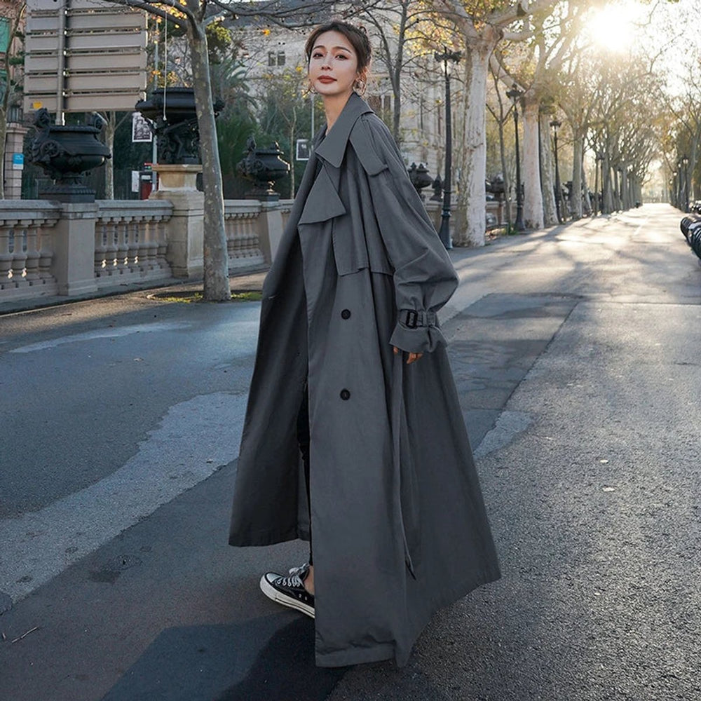 Damen Oversized Zweireiher Maxi Trench Coat mit Bindegürtel