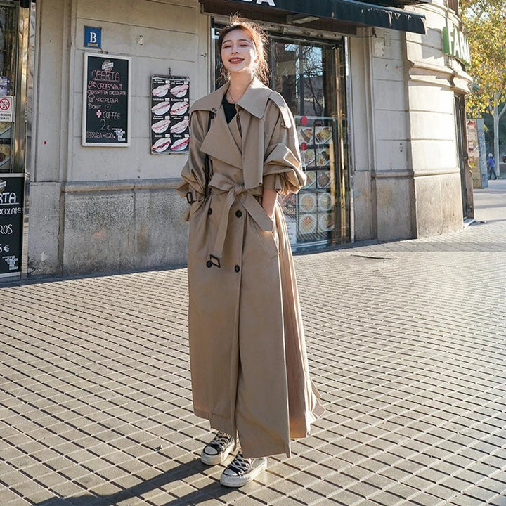 Damen Oversized Zweireiher Maxi Trench Coat mit Bindegürtel