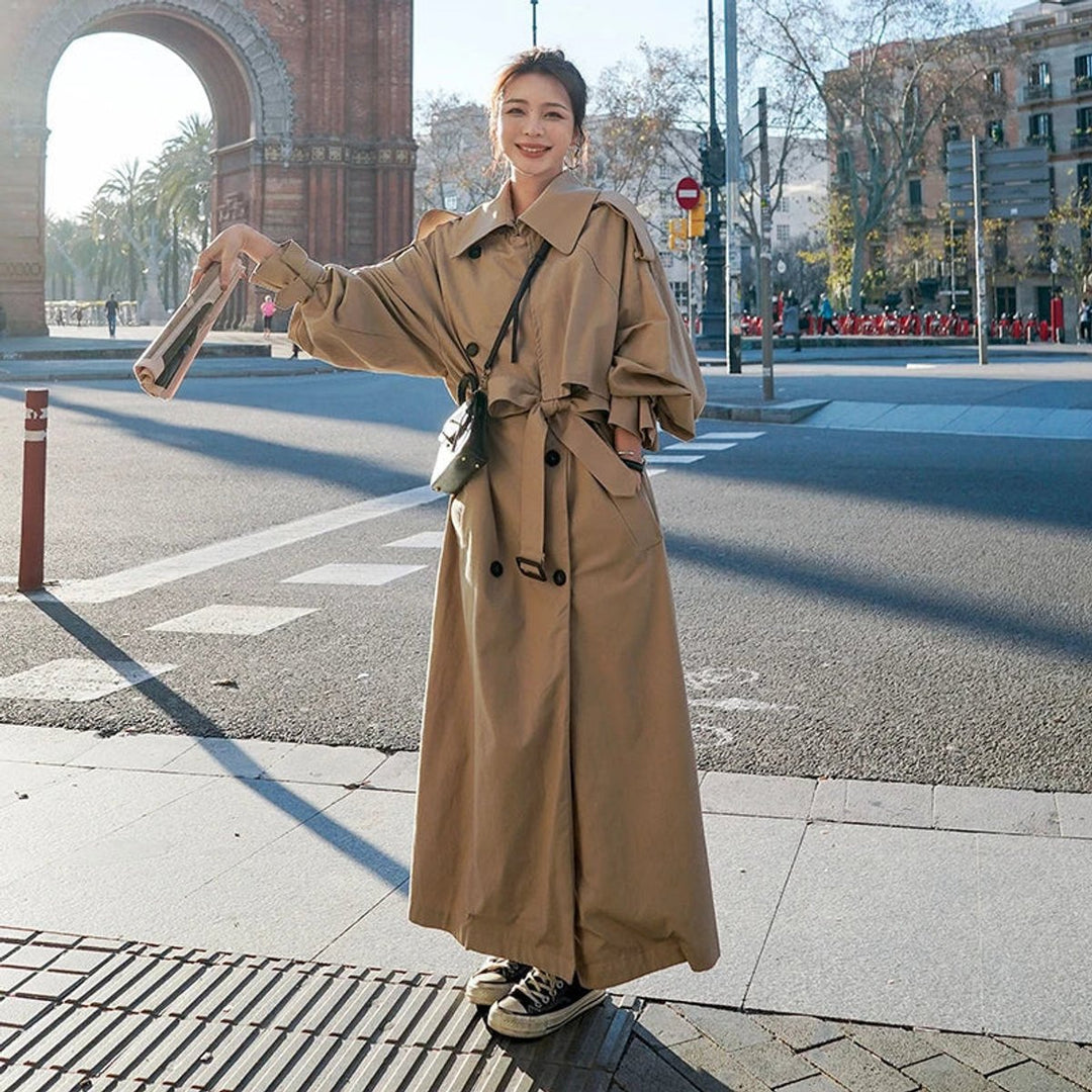 Damen Oversized Zweireiher Maxi Trench Coat mit Bindegürtel