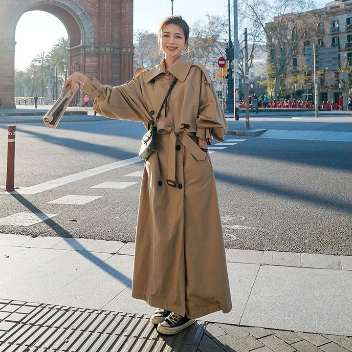 Damen Oversized Zweireiher Maxi Trench Coat mit Bindegürtel