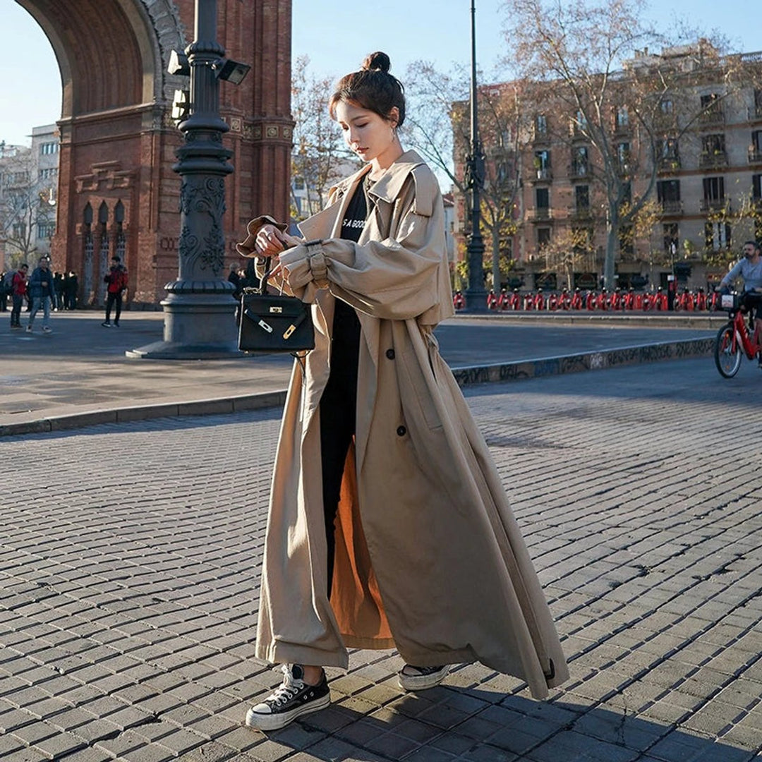 Damen Oversized Zweireiher Maxi Trench Coat mit Bindegürtel