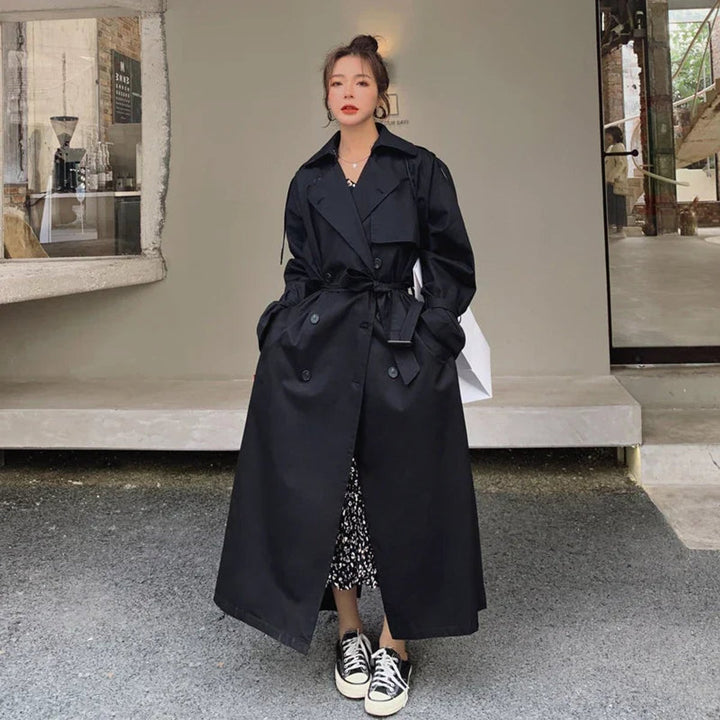 Damen Oversized Zweireiher Maxi Trench Coat mit Bindegürtel