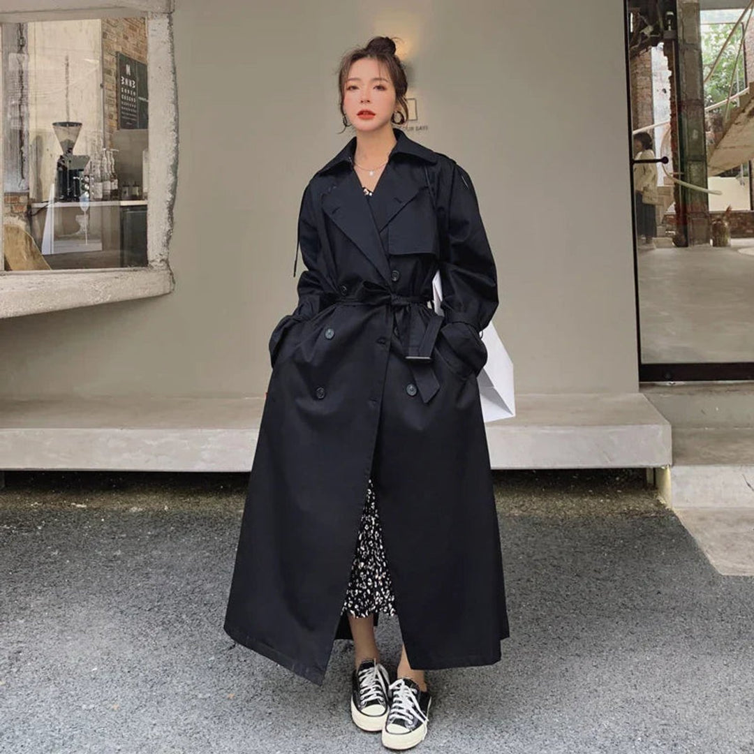 Damen Oversized Zweireiher Maxi Trench Coat mit Bindegürtel
