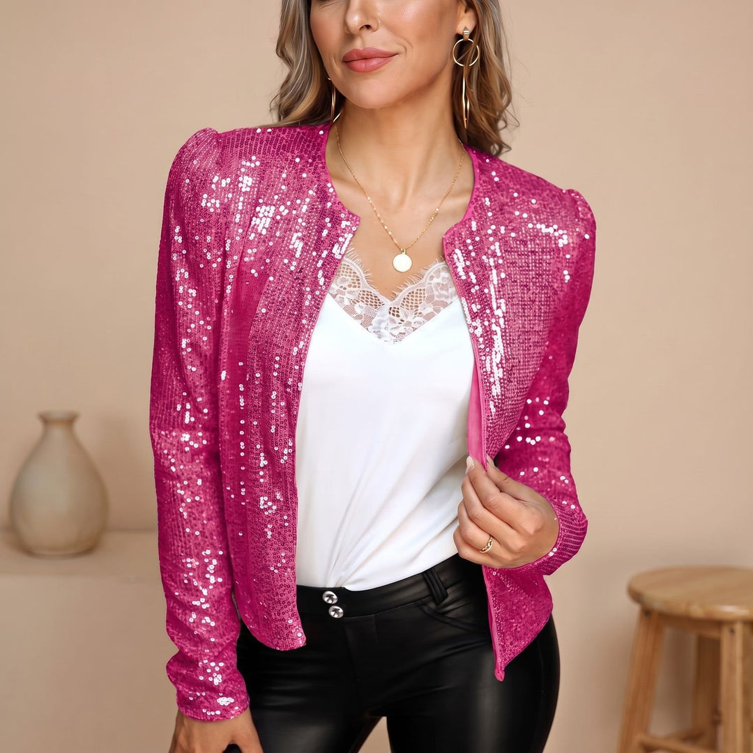 Damen Pailletten Blazer Jacke Langarm Glitzer Festlich - Rot