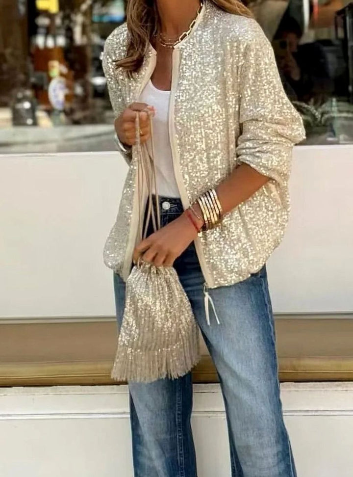Damen Pailletten Blouson-Jacke mit Reißverschluss Langarm