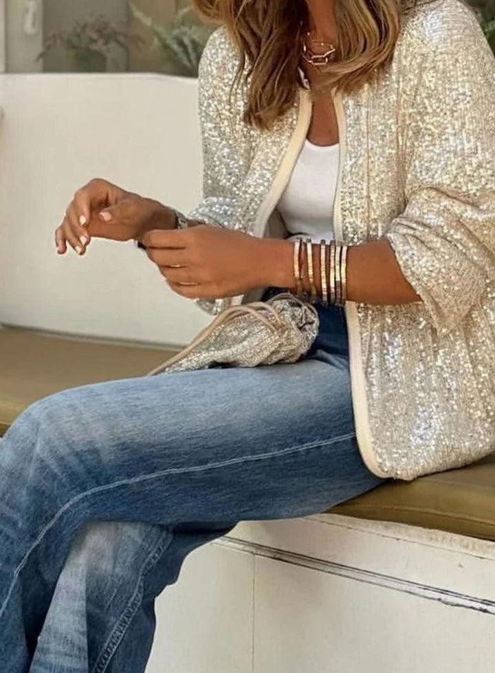 Damen Pailletten Blouson-Jacke mit Reißverschluss Langarm