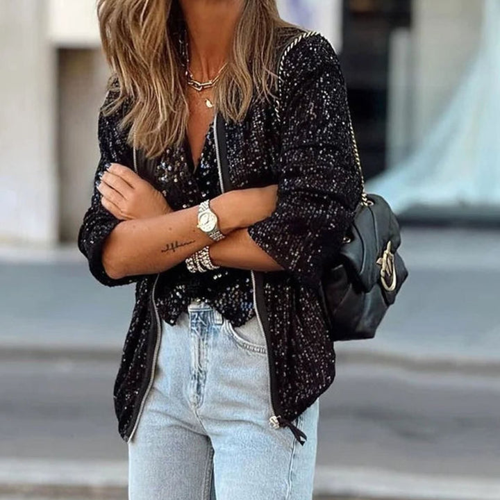 Damen Pailletten Blouson-Jacke mit Reißverschluss Langarm - Schwarz