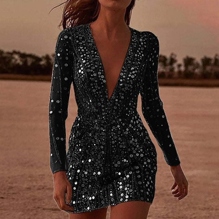 Damen Pailletten Bodycon Cocktailkleid Langarm tiefer V-Ausschnitt - Schwarz