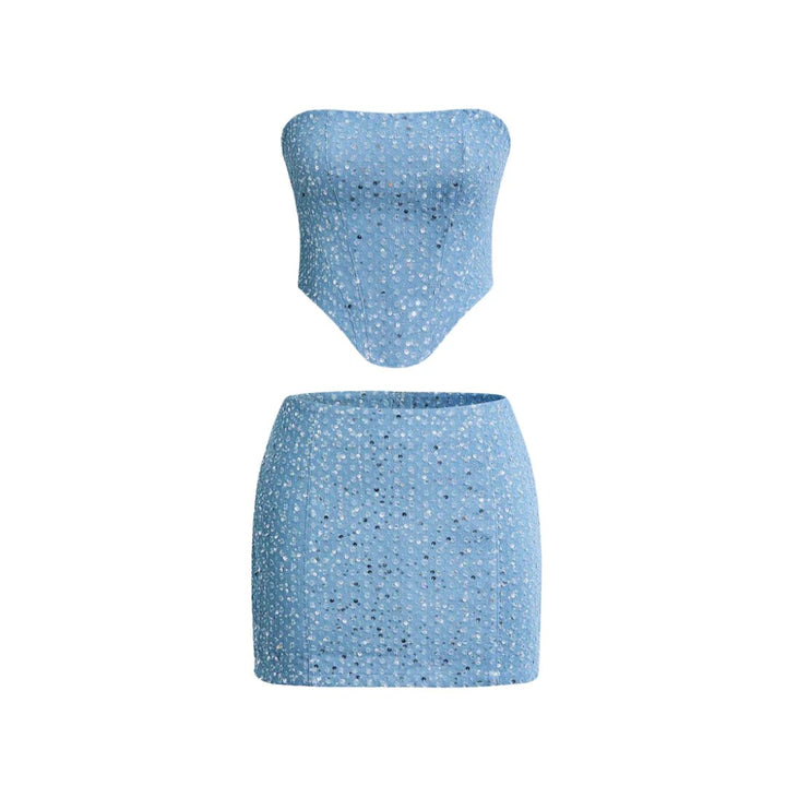 Damen Pailletten-Denim Two-Piece Set Bandeau-Top Figurbetonter Rock