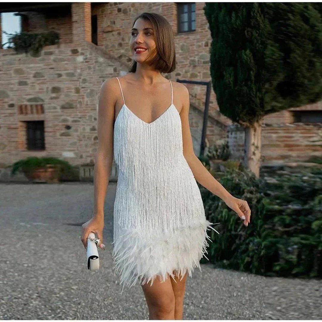 Damen Pailletten-Fransen Cocktailkleid mit Federbesatz Mini