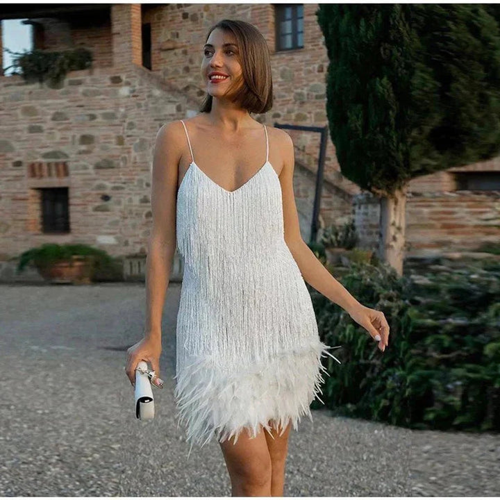 Damen Pailletten-Fransen Cocktailkleid mit Federbesatz Mini