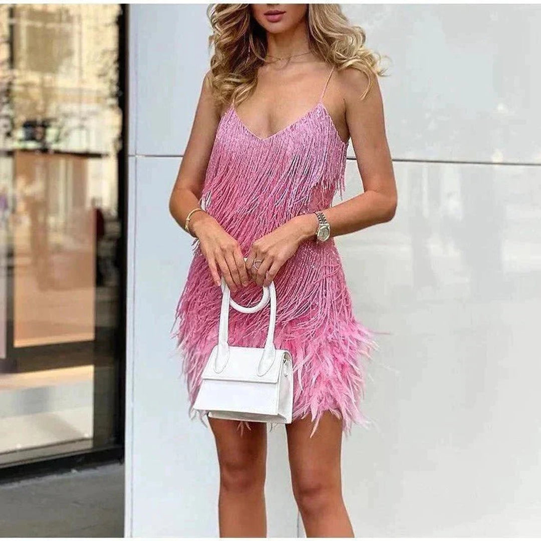 Damen Pailletten-Fransen Cocktailkleid mit Federbesatz Mini - Rosa