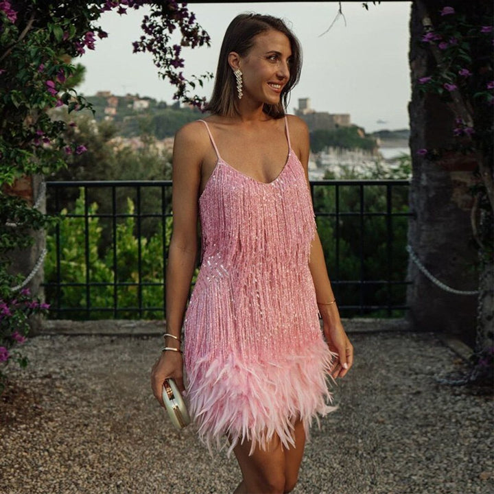 Damen Pailletten-Fransen Cocktailkleid mit Federbesatz Mini