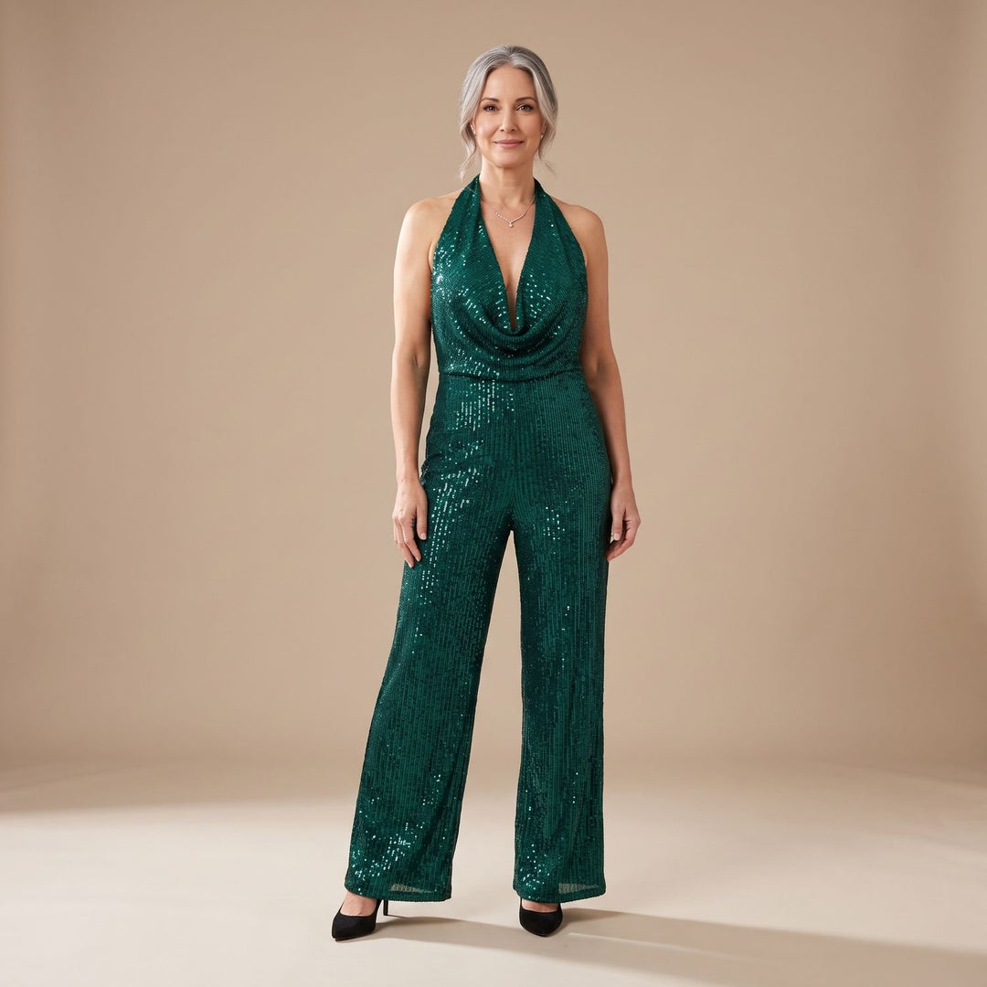 Damen Pailletten Halter Jumpsuit Wasserfallausschnitt Weitbein - Grün