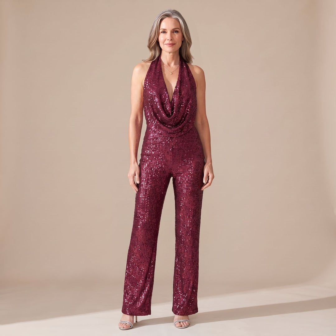 Damen Pailletten Halter Jumpsuit Wasserfallausschnitt Weitbein - Burgund