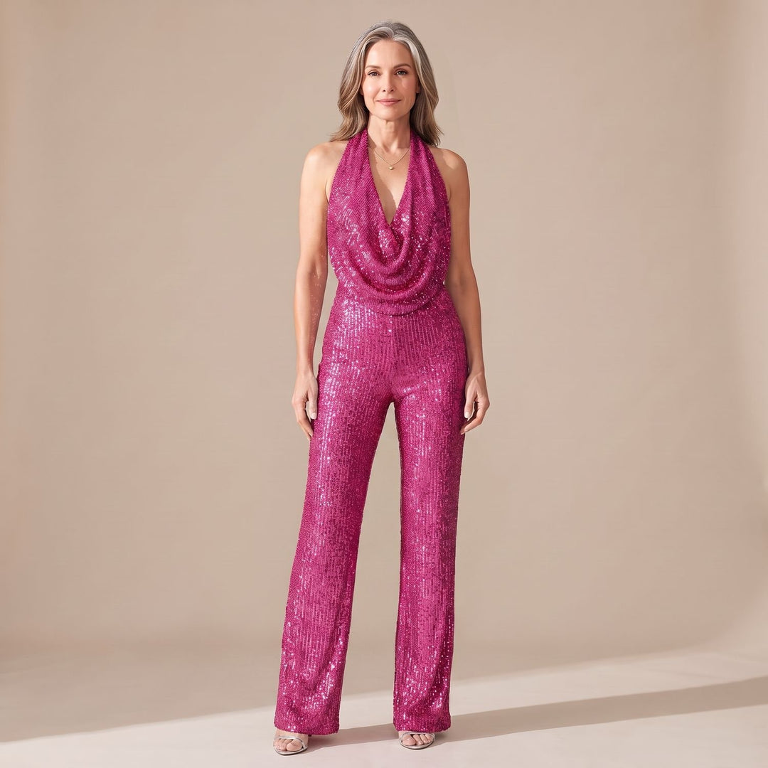 Damen Pailletten Halter Jumpsuit Wasserfallausschnitt Weitbein - Fuchsia-Rosa