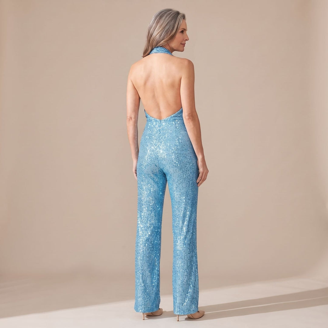 Damen Pailletten Halter Jumpsuit Wasserfallausschnitt Weitbein